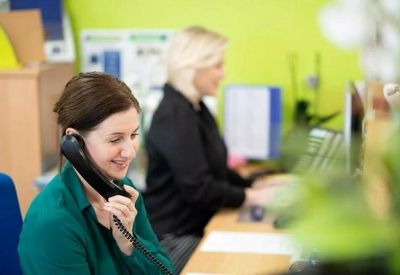 Office staff working at desks in a bright room with lime green walls.