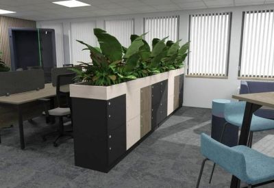 Open-plan office space featuring a divider planter with large green leaves and light wood desks.