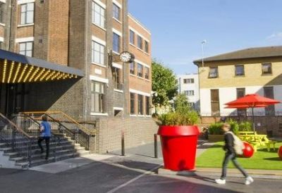 Building entrance with modern stairs and vibrant red planters.