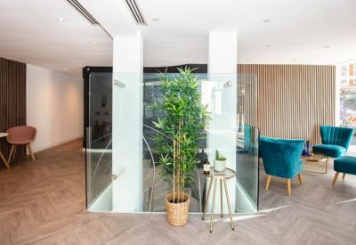 Sunlit communal lounge featuring teal velvet armchairs and a large indoor plant near a glass partition.