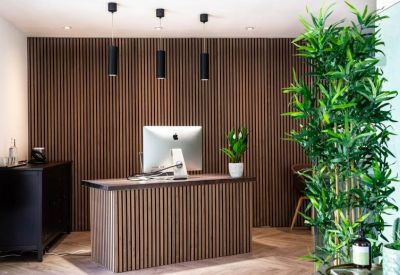 Modern reception desk with wooden slats, hanging pendant lights, and a large leafy plant.