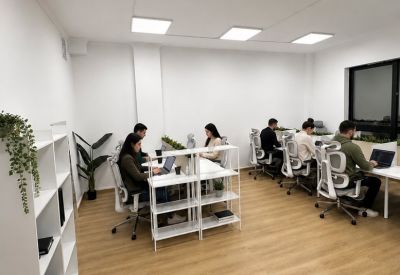 Bright open-plan workspace with multiple white desks, ergonomic chairs, and potted plants.
