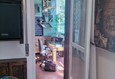 Open doorway leading from an indoor office area to a bright, plant-filled balcony.