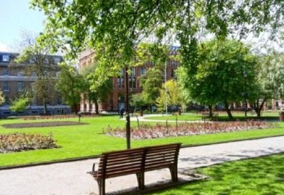 View of a lush green city park with mature trees and a walking path.