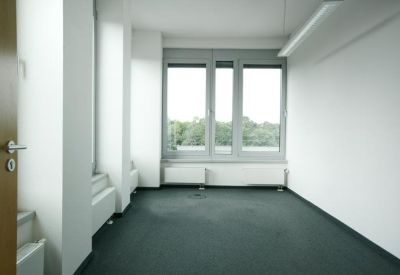 Empty private office suite with dark grey carpeting and large windows.
