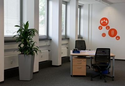 Bright private office with a wooden desk, black ergonomic chair, and large windows.