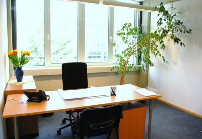 Private office suite with a wooden desk, black chairs, and a tall indoor plant by the window.