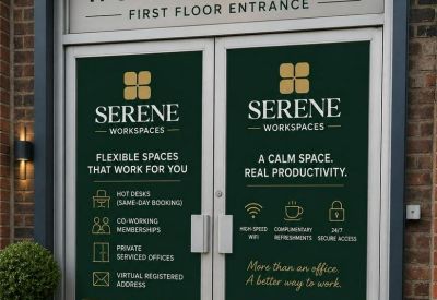 External entrance doors with branded signage.
