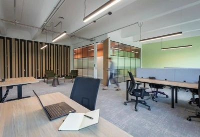 Open-plan office space with height-adjustable desks and a light green feature wall.