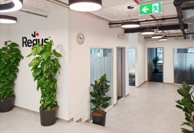 Bright reception area featuring indoor plants, wooden floors, and modern circular lighting.