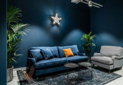 Moody lounge area featuring a deep blue velvet sofa, star-shaped wall light, and potted palms.