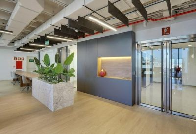 Office reception area with light wood floors, a grey feature wall, and indoor plants.