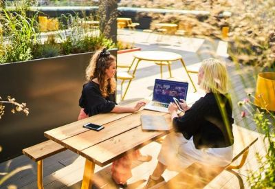 Sunlit outdoor rooftop terrace with yellow picnic tables and greenery.