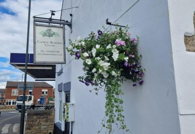 Side view of a white building with a floral hanging basket and business signage.