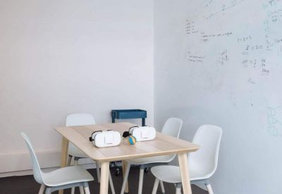 Small meeting room with a light wood table, white chairs, and a large whiteboard wall.