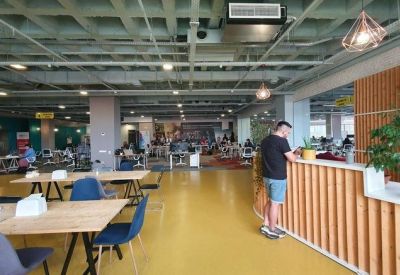 Spacious coworking area with wooden desks, blue chairs, and a wood-slat reception desk.