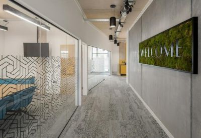 Office corridor with a concrete feature wall and a large rectangular moss art piece.