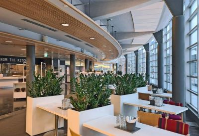 Modern cafeteria area featuring white tables, potted plants, and curved wooden ceiling accents.