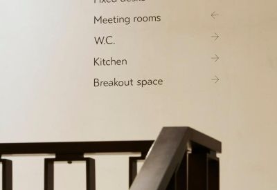 Internal view of a glass-walled meeting room looking out into a bright corridor.