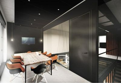 Modern meeting room with wood table, designer chairs, and views into a central atrium.