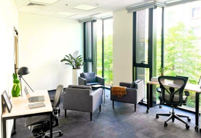 Casual workspace with armchairs, large windows, and leafy green trees outside.