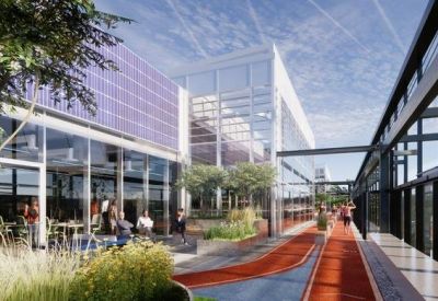 Bright rooftop terrace with greenery and a running track under a glass canopy.