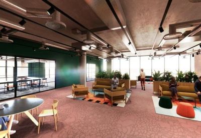 Vibrant open-plan office lounge with colorful seating and floor-to-ceiling windows.