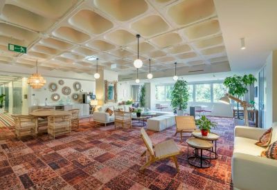 Bright meeting room with a wooden table, woven chairs, and a yellow feature wall.