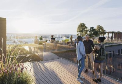 Sunny rooftop terrace with wooden decking, plants, and panoramic city views.