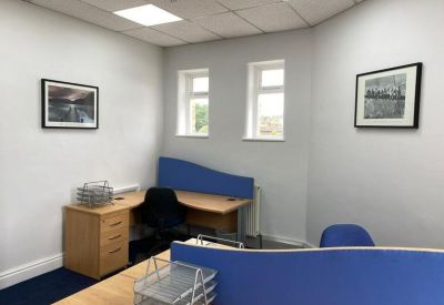 Two-person office suite with blue privacy screens and framed wall art.