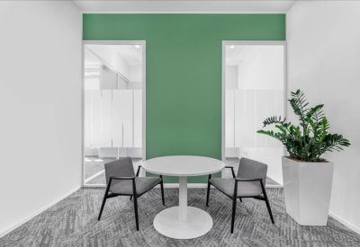 Small breakout area with a round white table, grey chairs, and a large potted plant against a green wall.