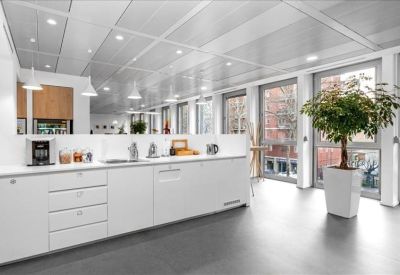 Bright white communal kitchen with modern appliances and a large potted plant.