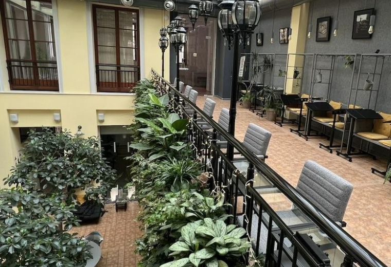 Spacious interior courtyard with glass ceiling and lush greenery at ATRIUM, 24 George Washington Street.