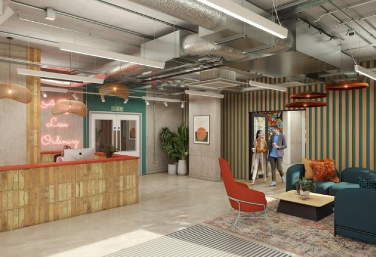 Reception and lobby area at 16-18 Middlesex Street, Central London, E1 with warm wood textures and neon signage.