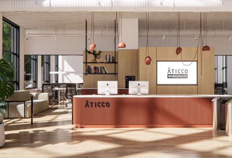Reception area at 3, Calle del Duque de Sevilla with a terracotta desk, wooden panels, and hanging copper lamps.