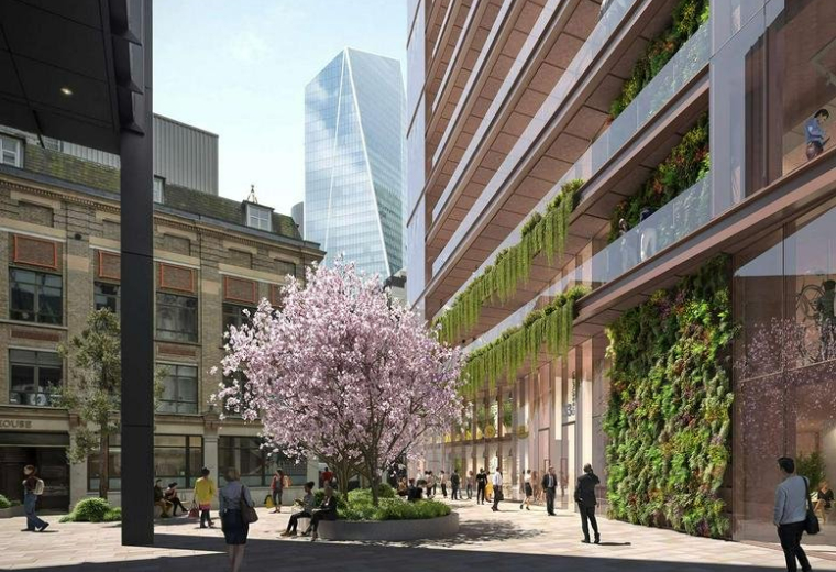 Exterior courtyard at 33, Creechurch Lane featuring a blooming cherry blossom tree and modern facade.