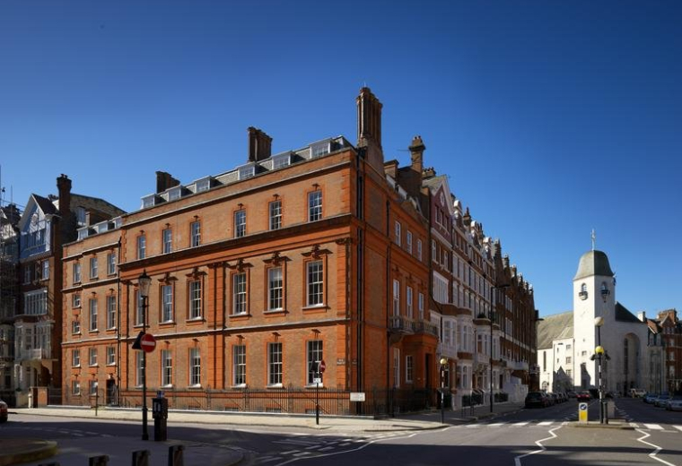 Exterior red brick facade of 45 Pont Street, Central London, SW1X with classic architectural details.