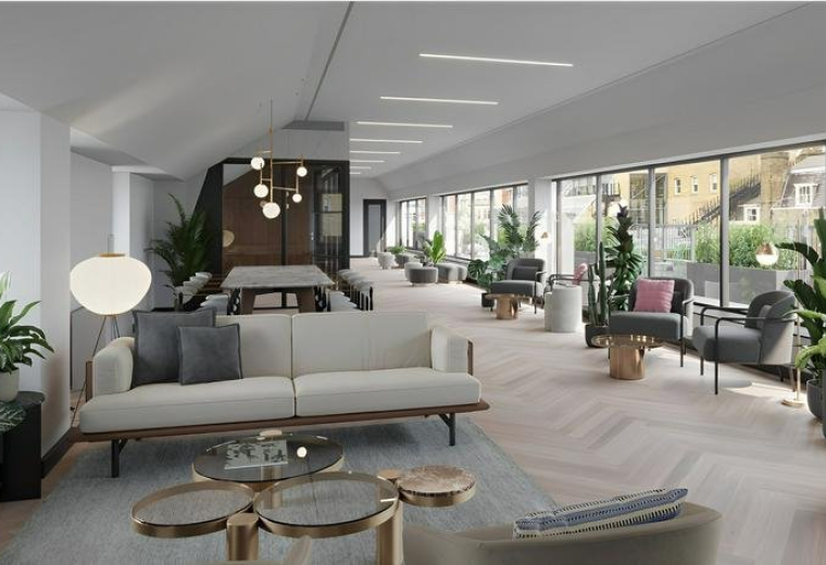 Bright open-plan lounge with white sofas, potted plants, and floor-to-ceiling windows.