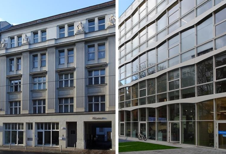 Exterior view of the classic stone facade and modern glass addition at 117, Chausseestraße.