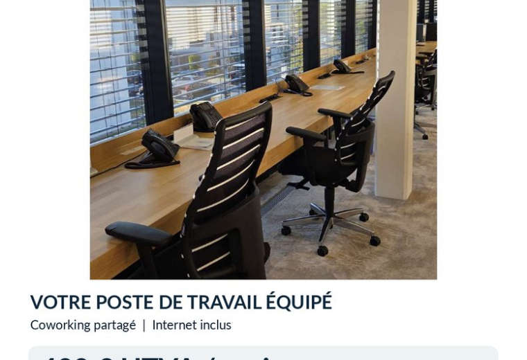 Flyer for MEDIALO TRISIDE - STRASSEN showing a modern coworking space with long wooden desks and ergonomic chairs.