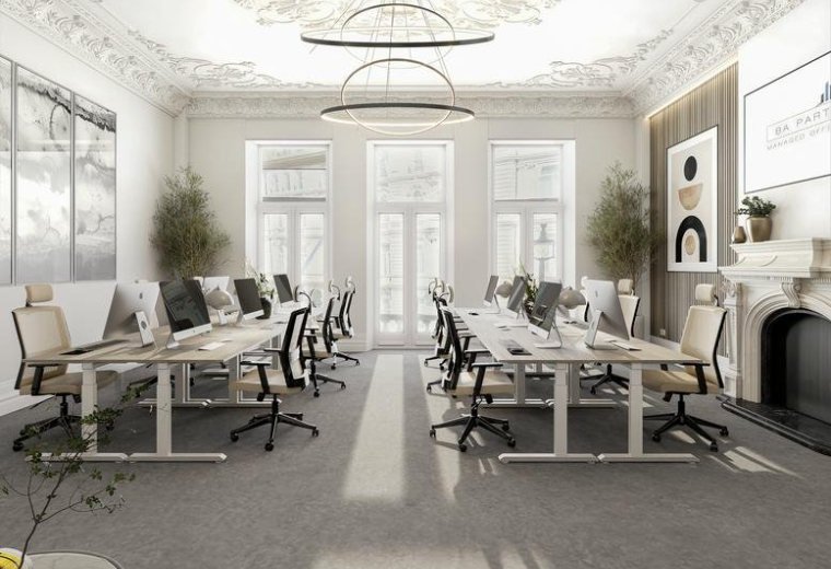 Large professional workspace with ornate ceiling molding and dual banks of desks.