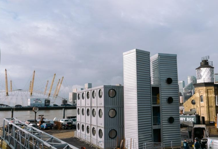 Exterior view of the modular container-style building at 64, Orchard Place, Trinity Buoy Wharf.