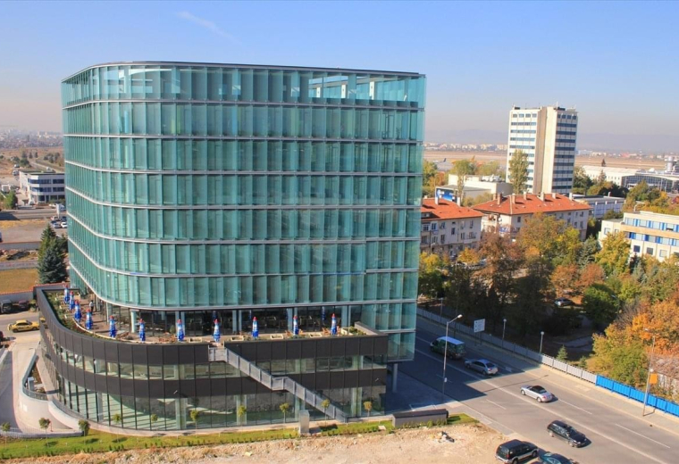 Exterior view of the glass-facade 80 Christopher Columbus Boulevard, Sofia, Bulgaria - near Sofia Airport.