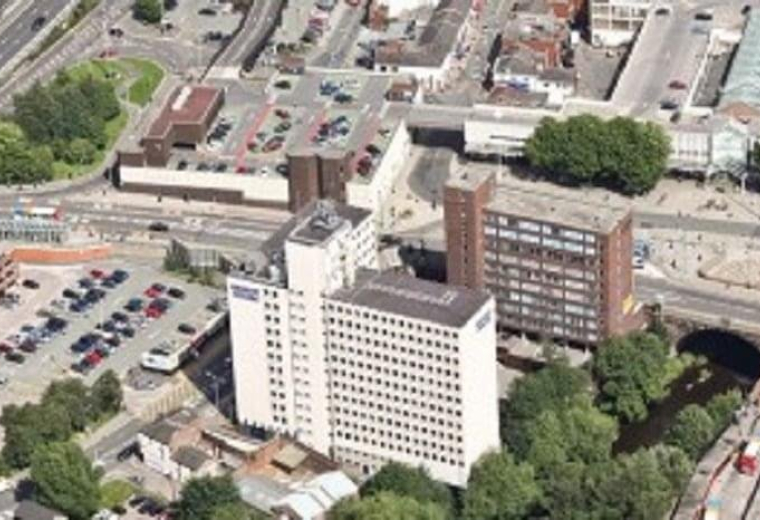 Aerial view of the multi-story commercial buildings at Astley Street, Stockport, Cheshire.