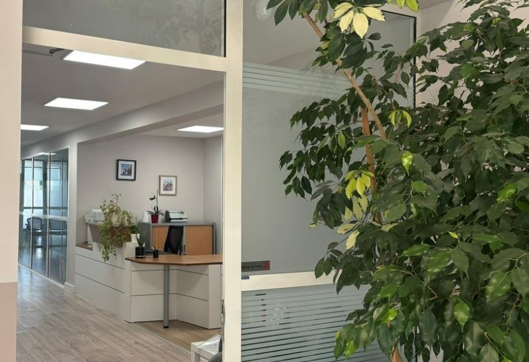 Reception area at Immeuble Center Azur featuring a wooden desk, white cabinetry, and a large indoor tree.