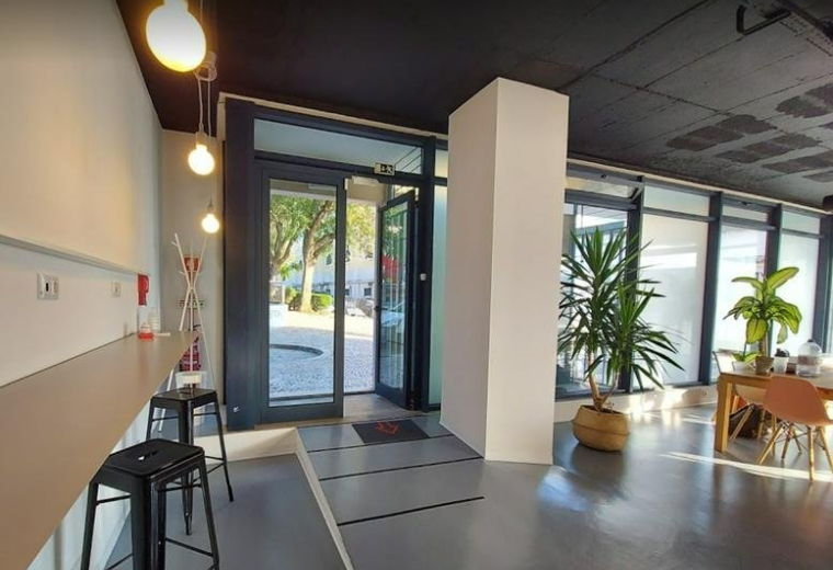 Spacious sunlit entrance and lounge at Praça da Armada, with potted palms and glass doors.