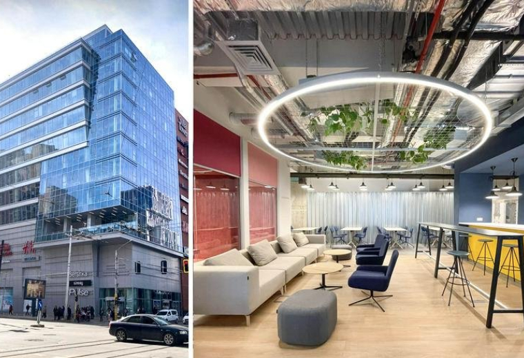 Exterior of the modern glass building at Zona B-5, Aleksandar Stamboliyski Blvd 103.