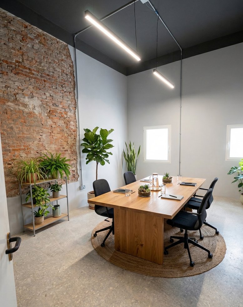 Professional meeting room at Madrid Rio Coworking featuring a wood table, plants, and an exposed brick wall.