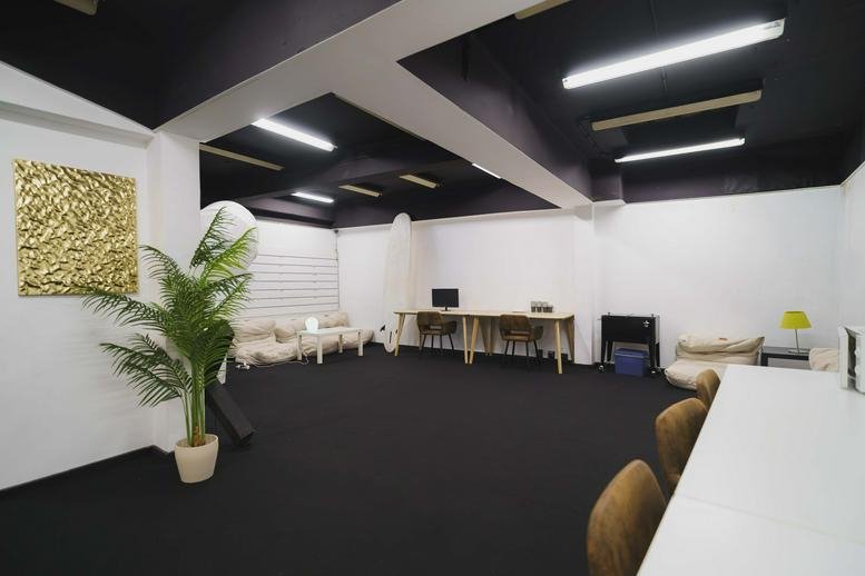 Bright open-plan office area featuring a gold textured wall piece and lush indoor plants.