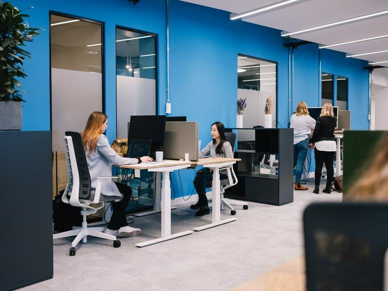 Spacious open-plan workspace at 10, Havellandstraße with blue feature walls and height-adjustable desks.